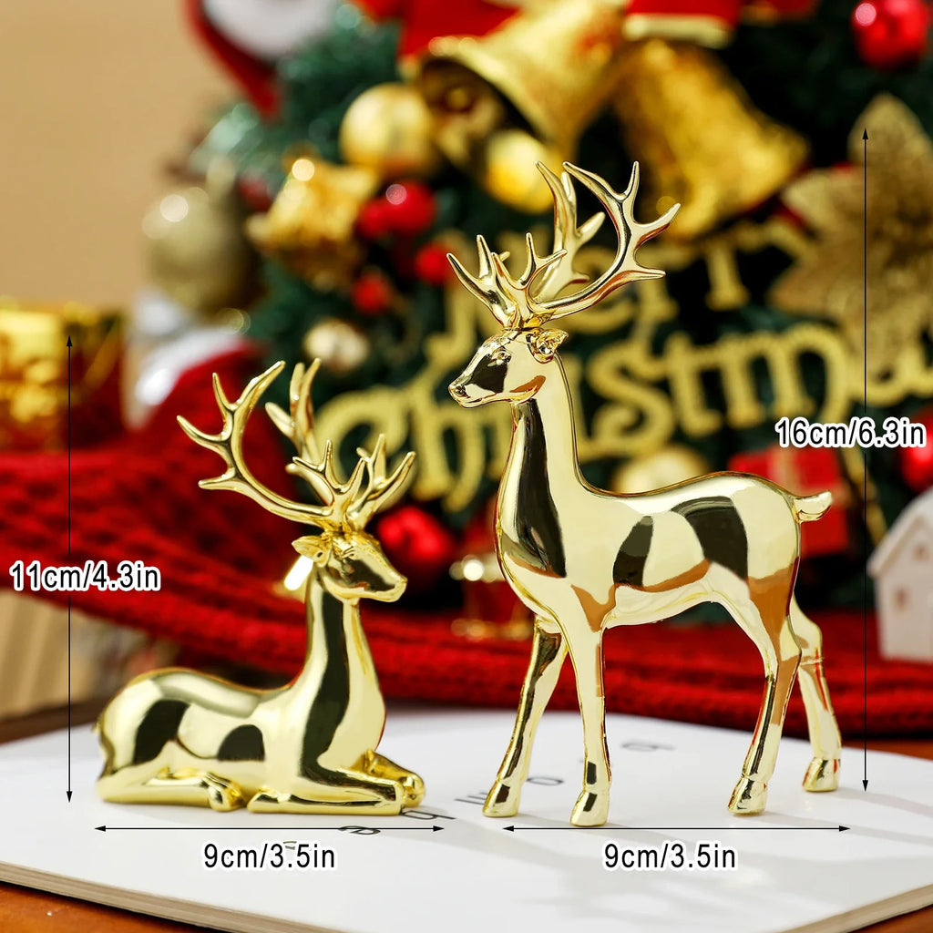 2 Pcs Christmas Reindeer Decor Resin Standing Sitting Deer Figurine Reindeer Christmas Decoration for Home Indoor Xmas Holiday
