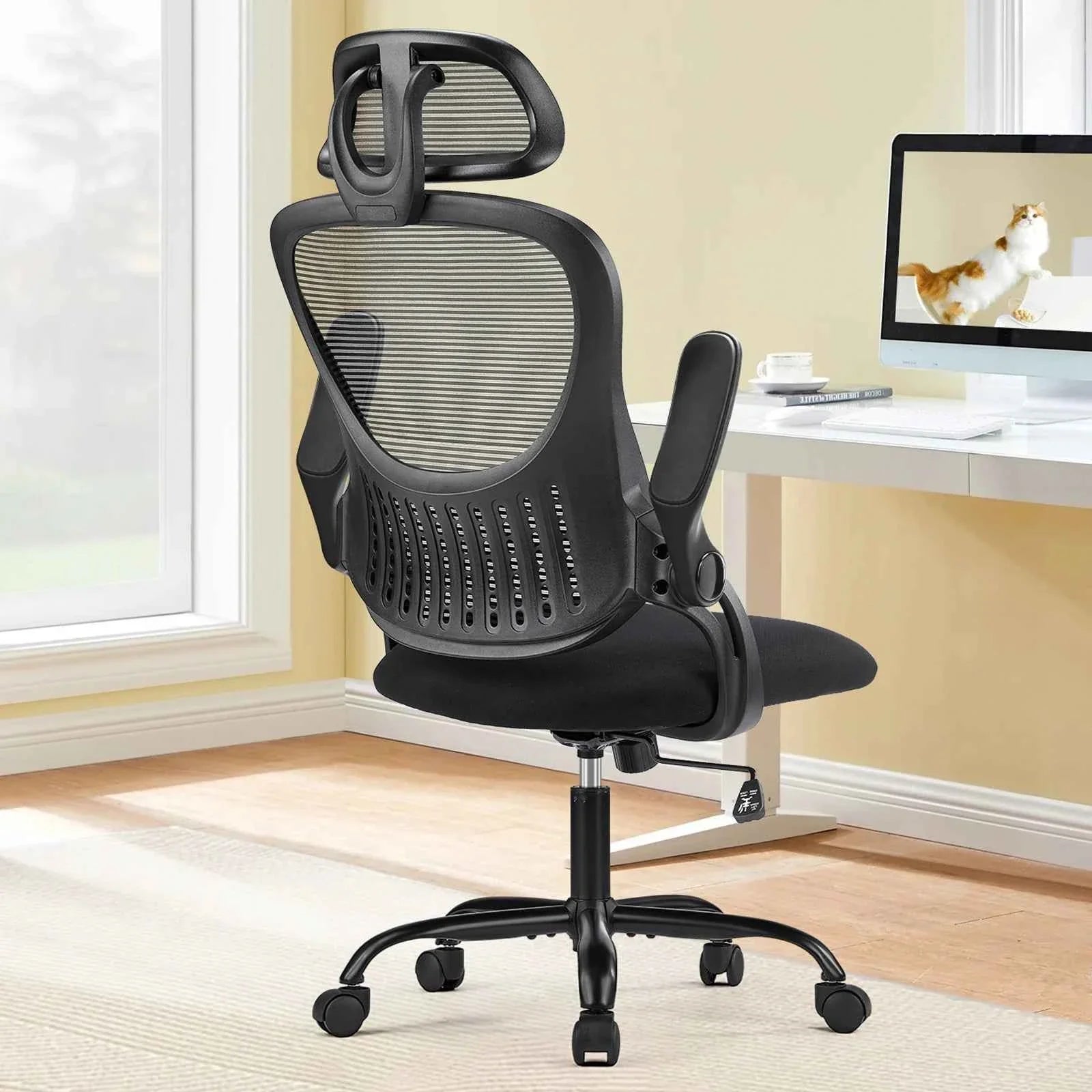 Ergonomic Office Computer Desk Chair Flip-up Arms Adjustable Headrests Comfortable Lumbar Support For Home Office