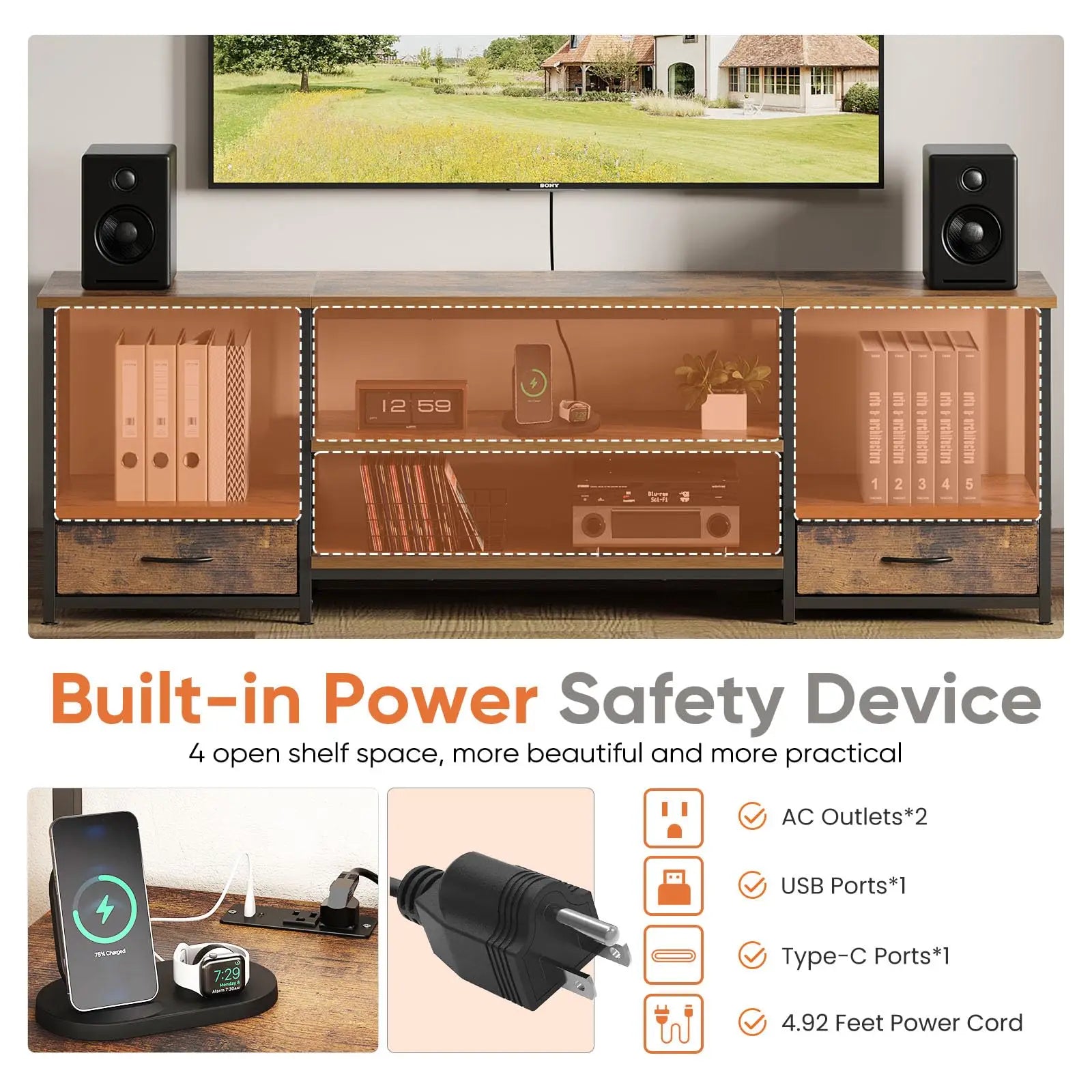 JHK 63IN Wooden Tv Stand For Up To 75 Inch TV Entertainment Center For Living Room Media Console Adjustable Shelf 2 Storage
