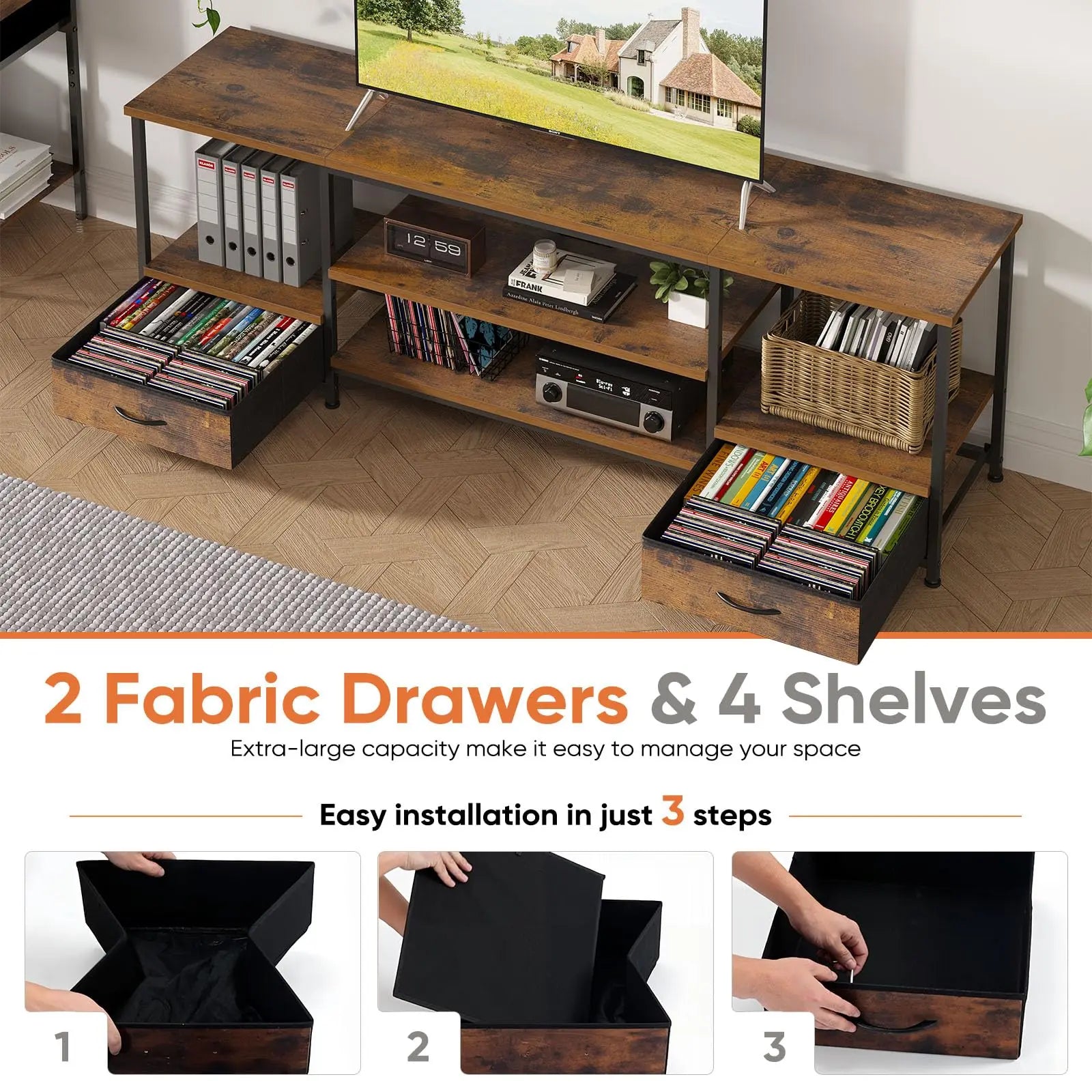 JHK 63IN Wooden Tv Stand For Up To 75 Inch TV Entertainment Center For Living Room Media Console Adjustable Shelf 2 Storage