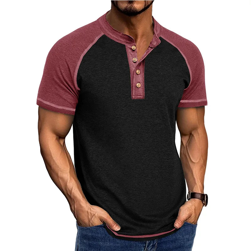 Men's Retro Patchwork Stand Collar T-Shirt