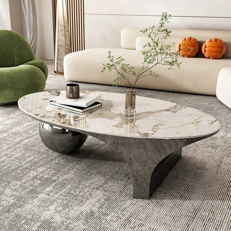 Milan Marble Oval Coffee Table With Metal Frame Legs