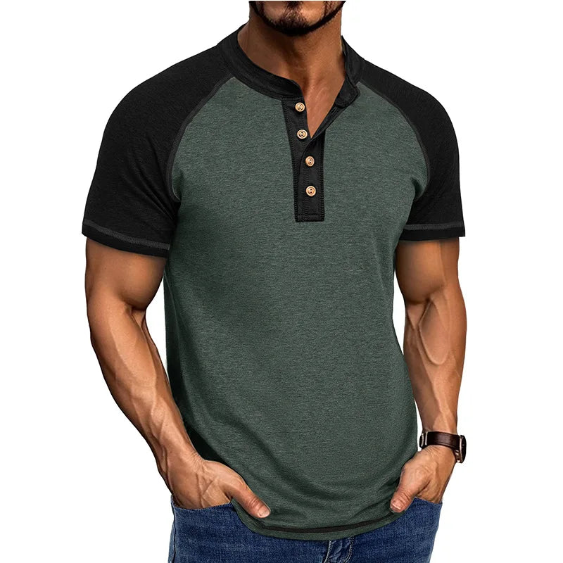 Men's Retro Patchwork Stand Collar T-Shirt