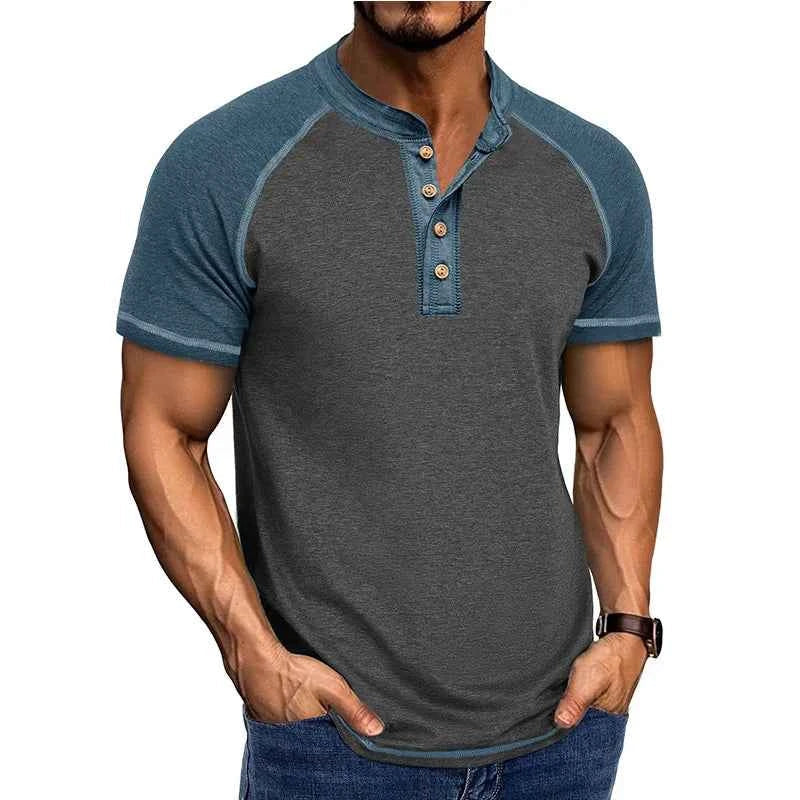 Men's Retro Patchwork Stand Collar T-Shirt