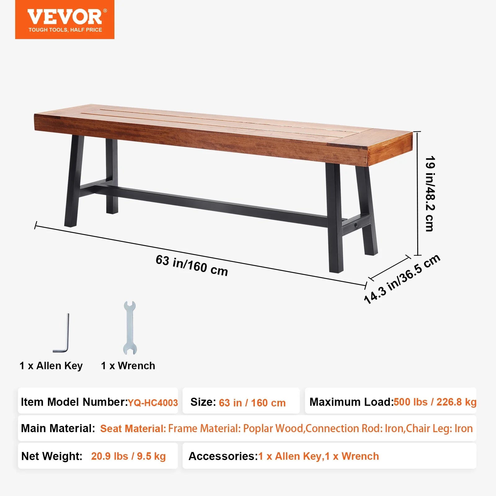 SucceBuy Outdoor Bench Wooden Metal Garden Bench for Outdoors 480 lbs Load Capacity Bench Outdoor Garden Park Bench