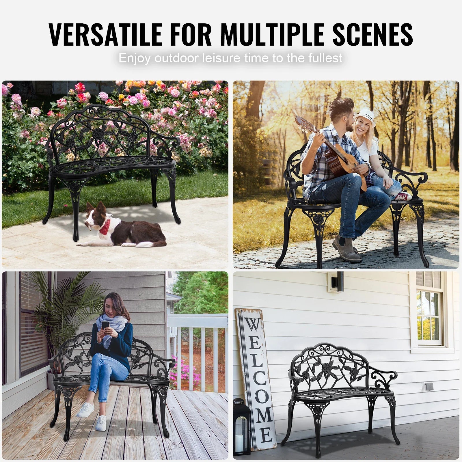 SucceBuy Outdoor Bench Wooden Metal Garden Bench for Outdoors 480 lbs Load Capacity Bench Outdoor Garden Park Bench