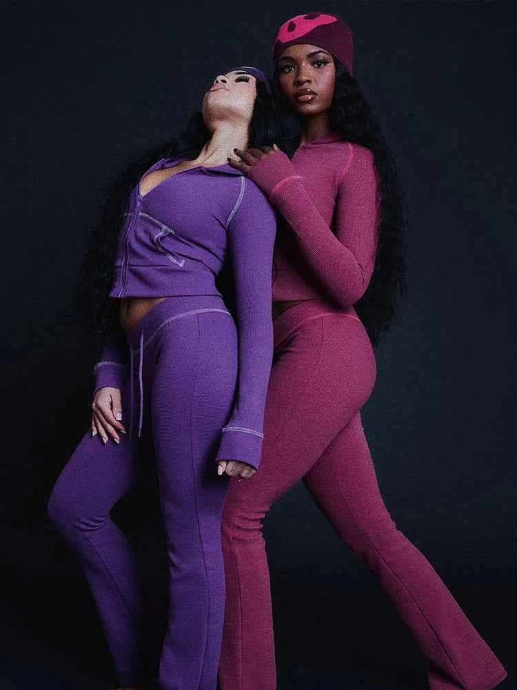 Women’s Hooded Zip Tracksuit Set Flare Pants