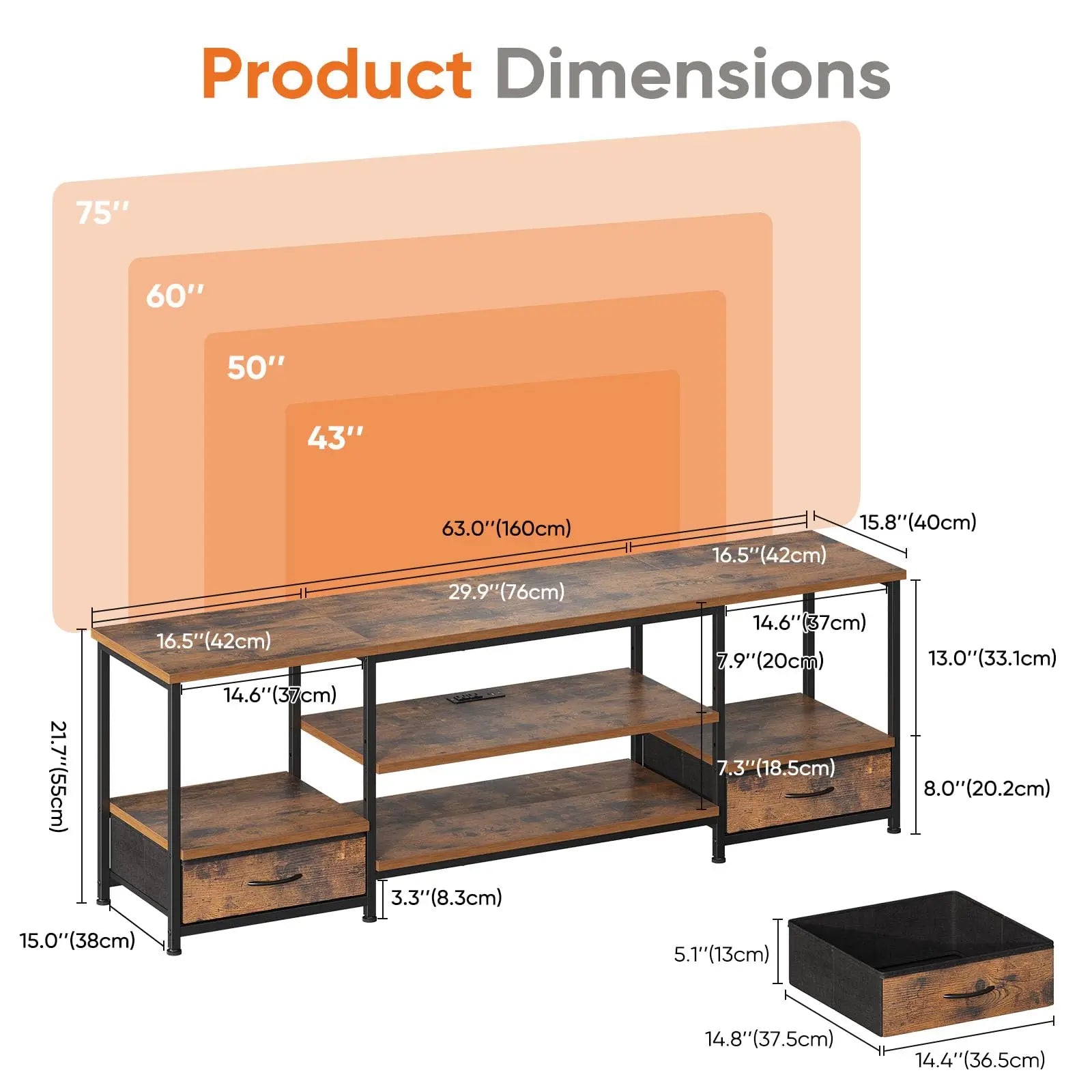 JHK 63IN Wooden Tv Stand For Up To 75 Inch TV Entertainment Center For Living Room Media Console Adjustable Shelf 2 Storage