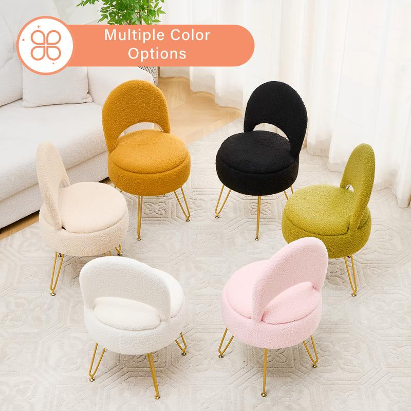 Storage Ottoman Vanity Stool Chair with Folding Back Teddy Velvet Makeup Chair Multifunctional Upholstered Footstool,4 Metal Legs with Anti-Slip Feet for Bedroom Living Room Entryway