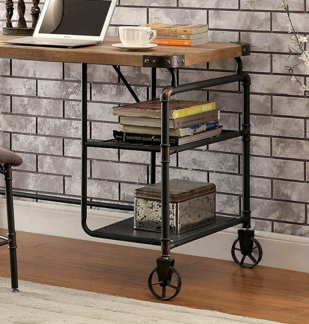 Industrial Inspired Desk With An Antique Black Metal Construction Replicated Wood Top And Caster Wheel Accents