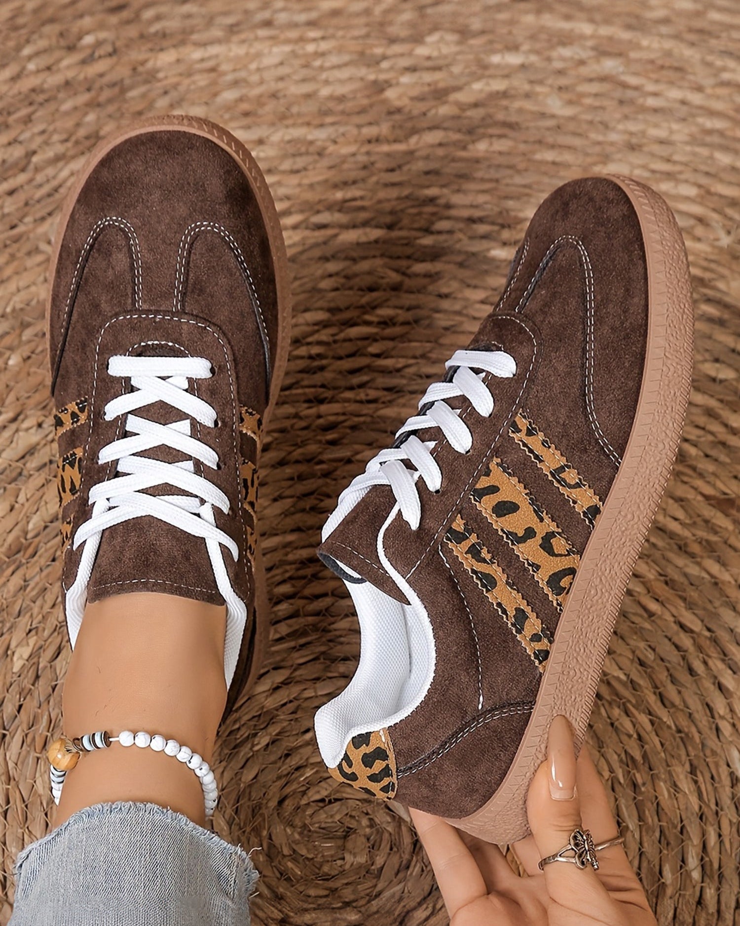 Coffee Contrast Lace-up Leopard Patchwork Detail Shoes