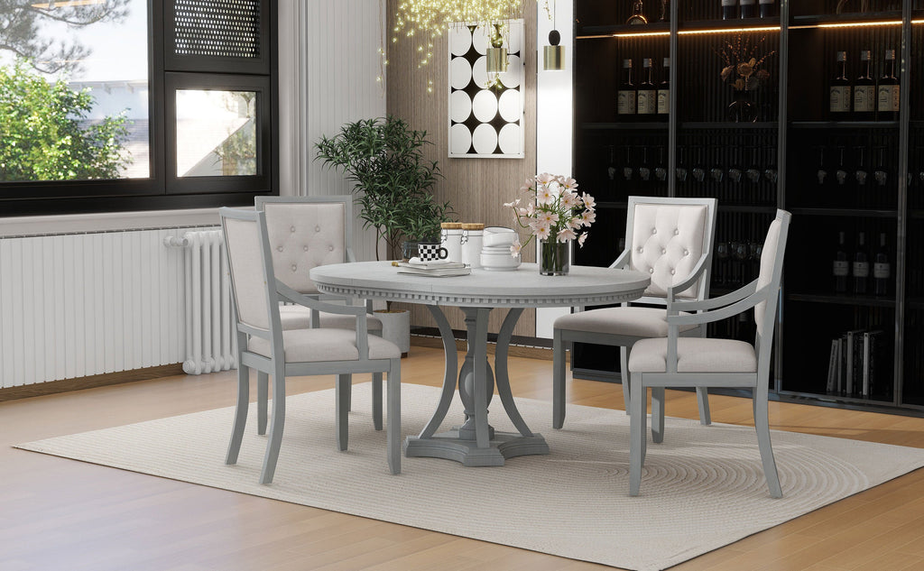 Retro 5-piece Dining Set Extendable Round Table and 4 Chairs for Kitchen Dining