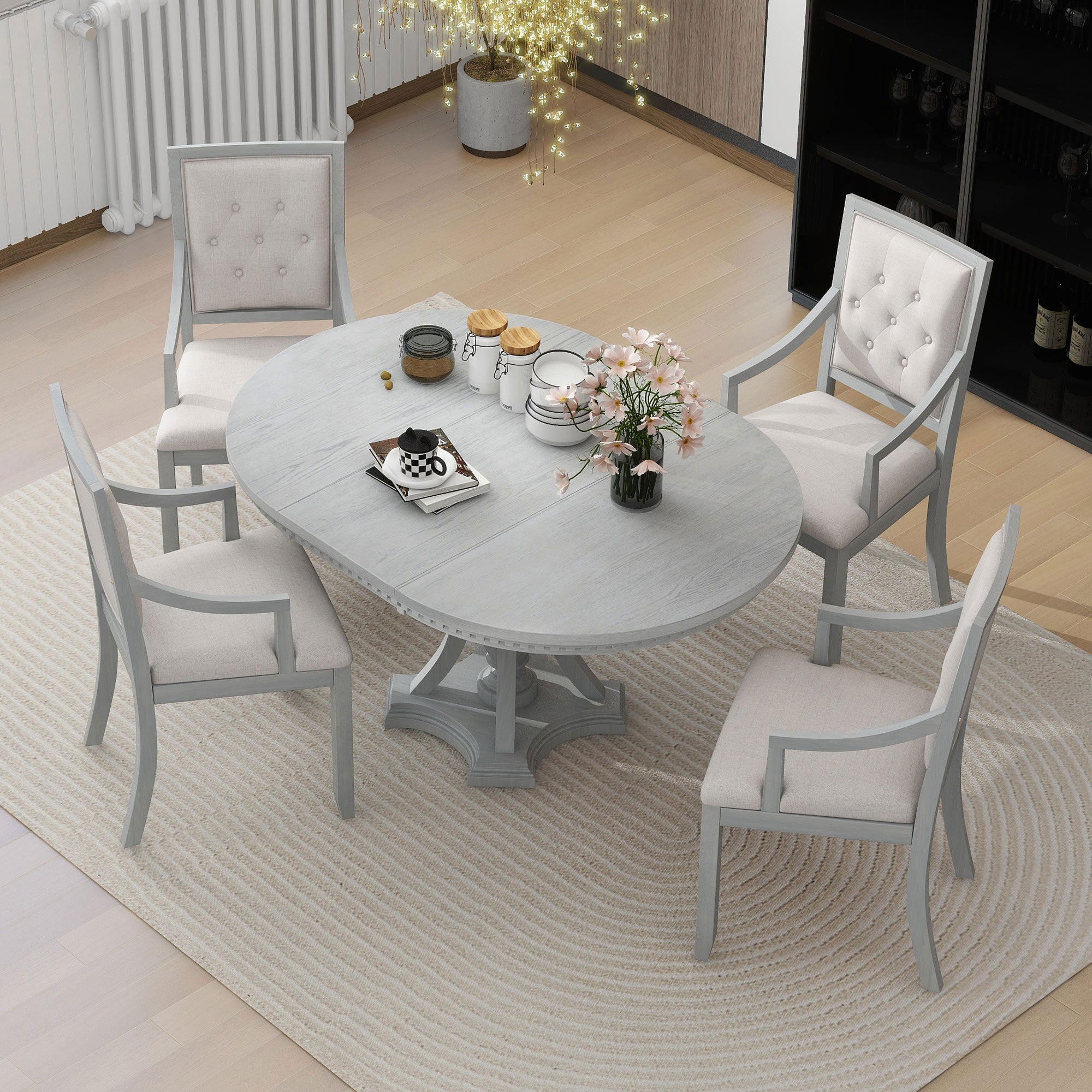 Retro 5-piece Dining Set Extendable Round Table and 4 Chairs for Kitchen Dining