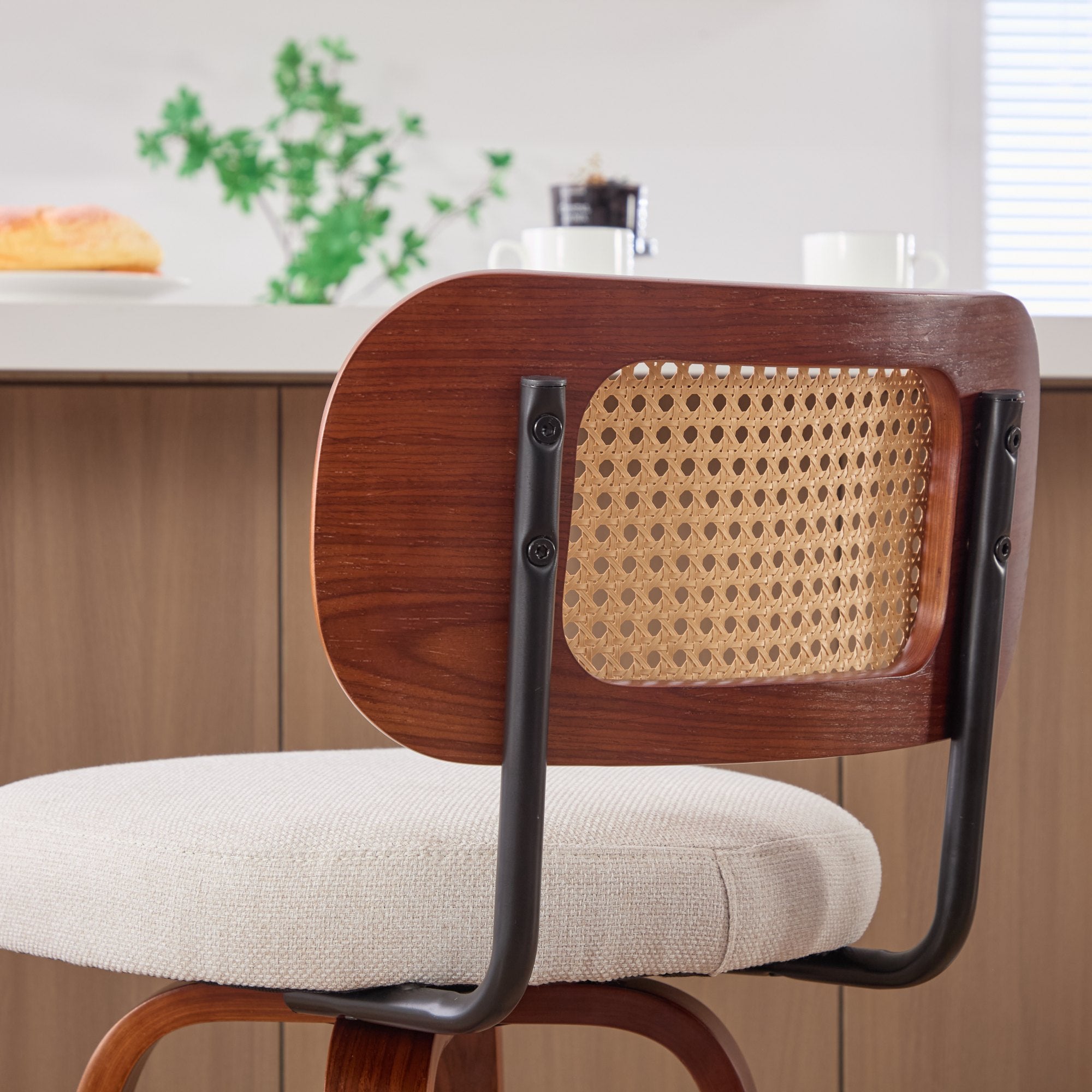 26-Inch Counter Height Bar Stools Set of 3, Walnut Black Cane Rattan Back, Beige