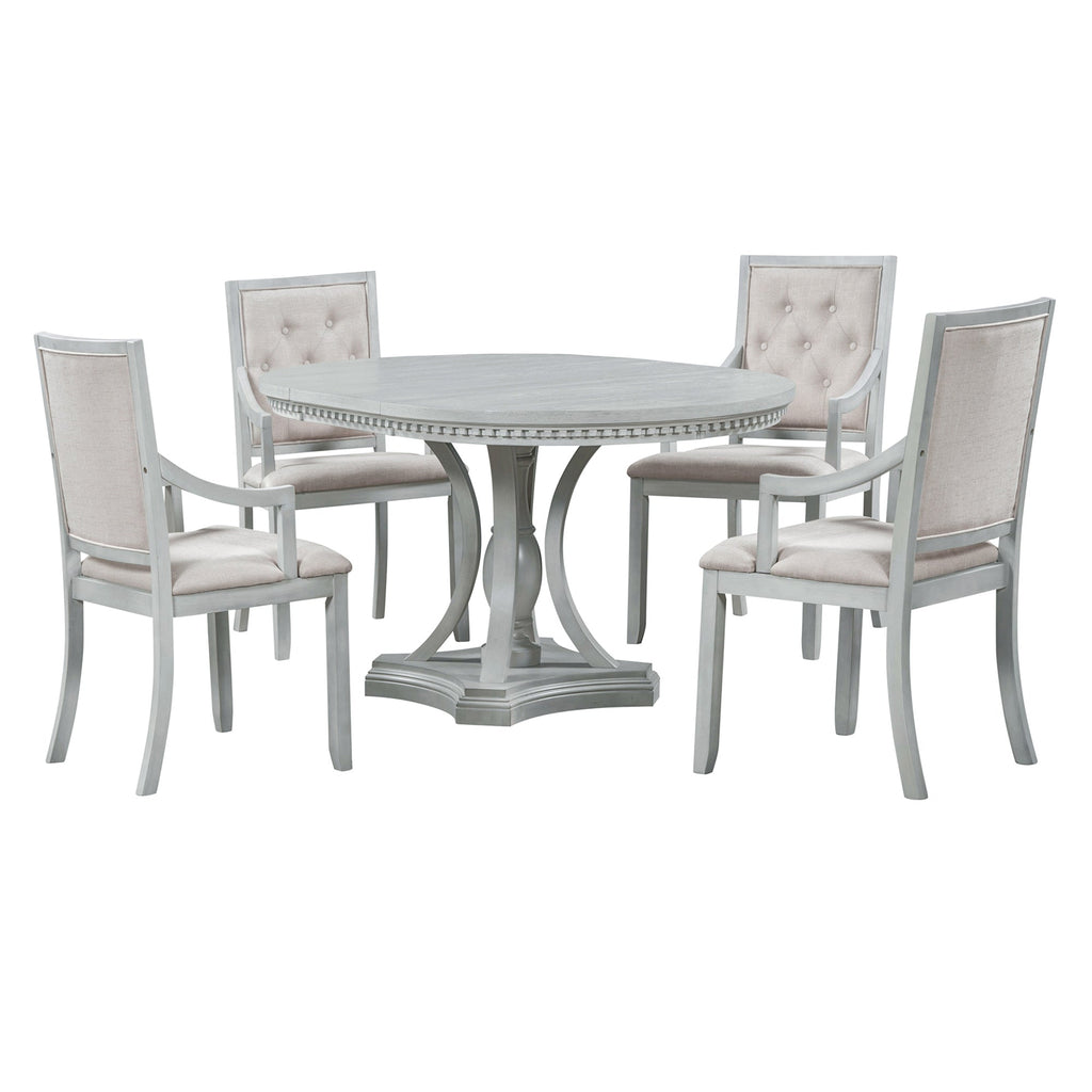 Retro 5-piece Dining Set Extendable Round Table and 4 Chairs for Kitchen Dining