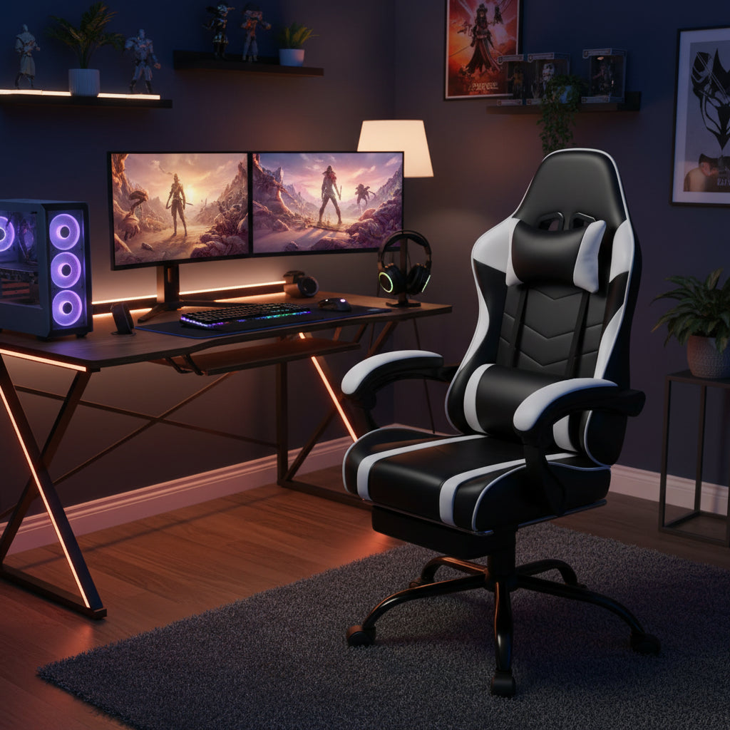 Bellemave Video Game Chairs for Adults PU Leather Gaming Chair with Footrest 360°Swivel Adjustable Lumbar Pillow Comfortable Computer Chair Ergonomic Design