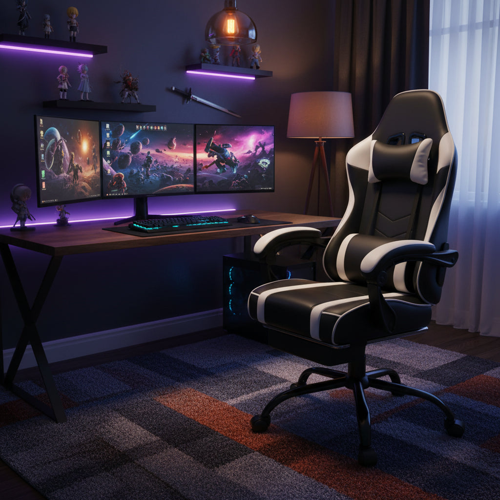Bellemave Video Game Chairs for Adults PU Leather Gaming Chair with Footrest 360°Swivel Adjustable Lumbar Pillow Comfortable Computer Chair Ergonomic Design