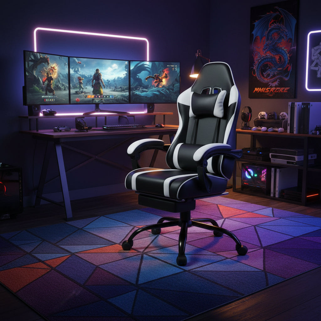 Bellemave Video Game Chairs for Adults PU Leather Gaming Chair with Footrest 360°Swivel Adjustable Lumbar Pillow Comfortable Computer Chair Ergonomic Design