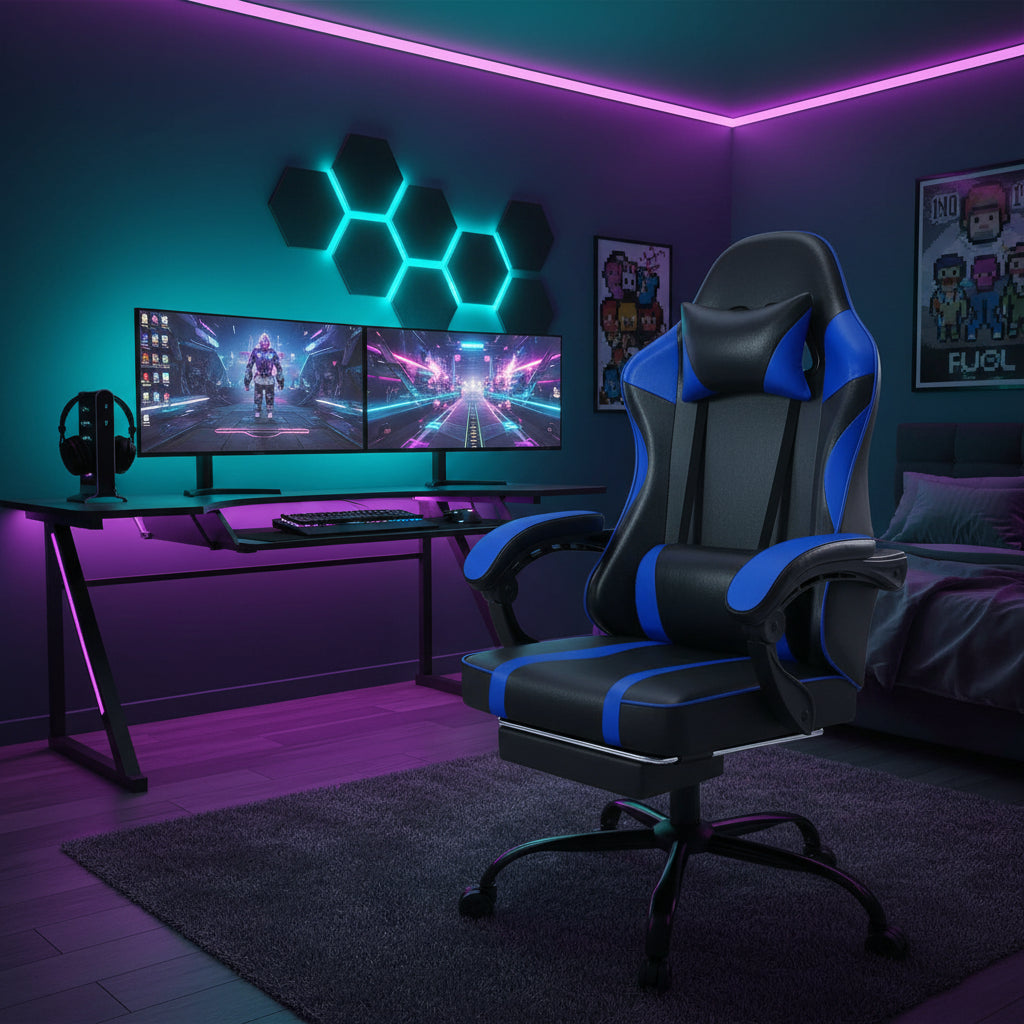 Bellemave Video Game Chairs for Adults PU Leather Gaming Chair with Footrest 360°Swivel Adjustable Lumbar Pillow Comfortable Computer Chair Ergonomic Design