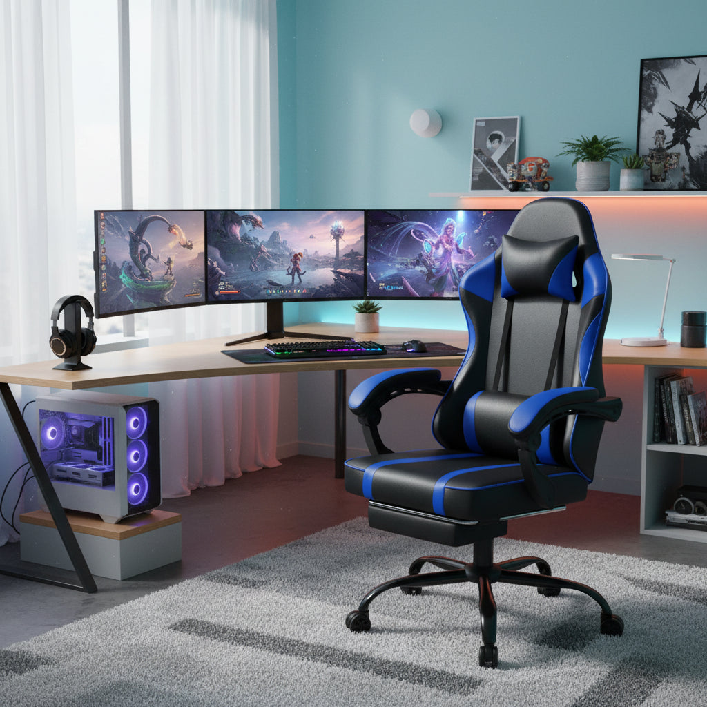 Bellemave Video Game Chairs for Adults PU Leather Gaming Chair with Footrest 360°Swivel Adjustable Lumbar Pillow Comfortable Computer Chair Ergonomic Design
