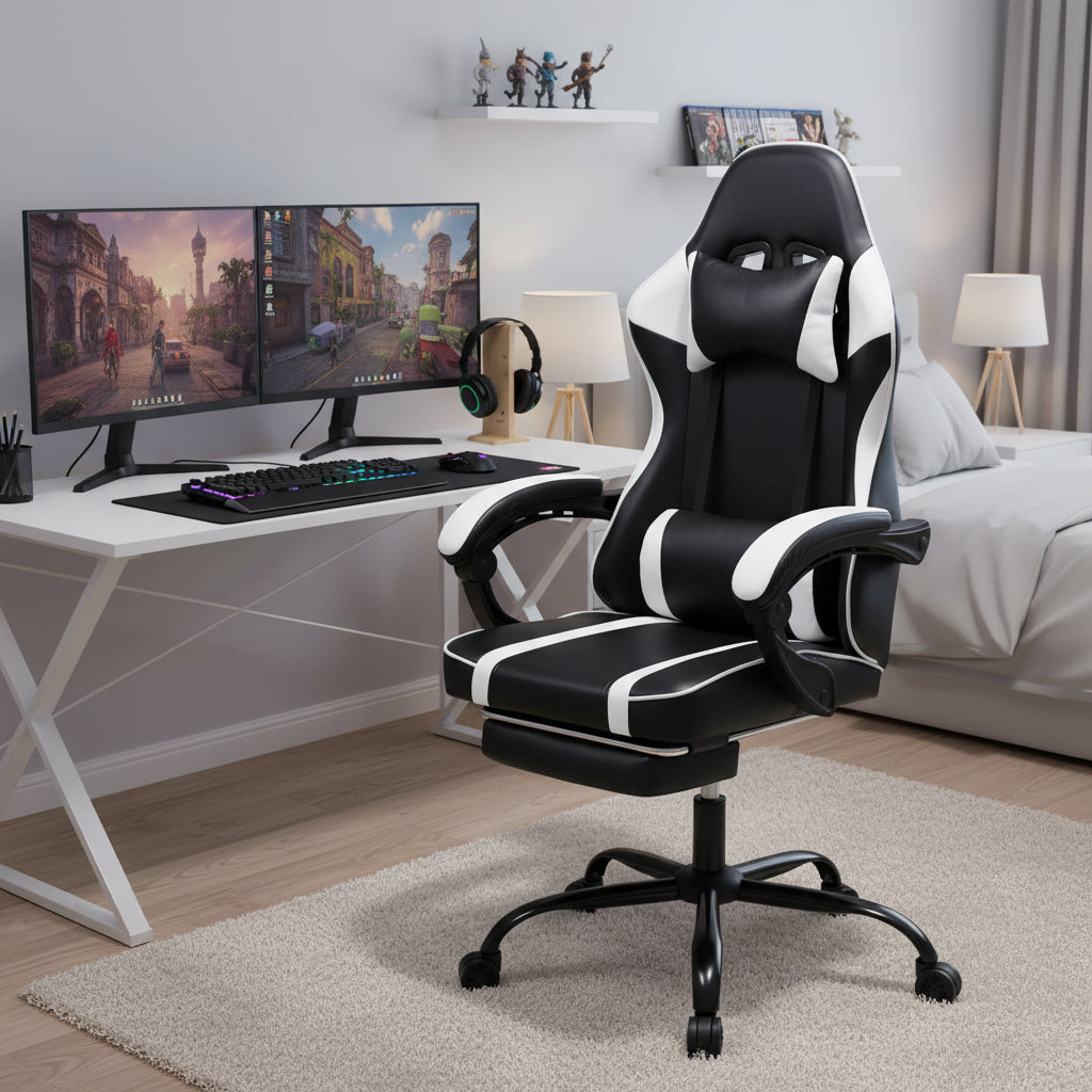 Bellemave Video Game Chairs for Adults PU Leather Gaming Chair with Footrest 360°Swivel Adjustable Lumbar Pillow Comfortable Computer Chair Ergonomic Design
