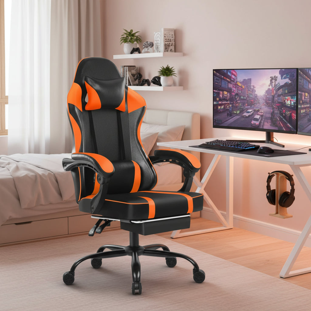 Bellemave Video Game Chairs for Adults PU Leather Gaming Chair with Footrest 360°Swivel Adjustable Lumbar Pillow Comfortable Computer Chair Ergonomic Design