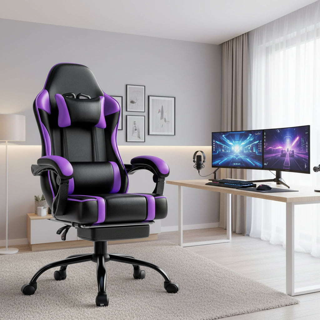 Bellemave Video Game Chairs for Adults PU Leather Gaming Chair with Footrest 360°Swivel Adjustable Lumbar Pillow Comfortable Computer Chair Ergonomic Design