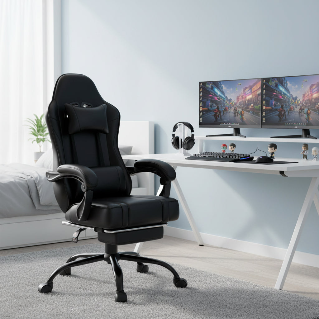 Bellemave Video Game Chairs for Adults PU Leather Gaming Chair with Footrest 360°Swivel Adjustable Lumbar Pillow Comfortable Computer Chair Ergonomic Design