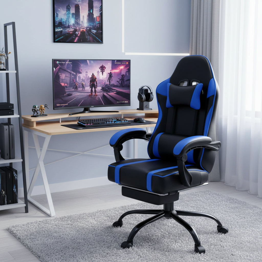 Bellemave Video Game Chairs for Adults PU Leather Gaming Chair with Footrest 360°Swivel Adjustable Lumbar Pillow Comfortable Computer Chair Ergonomic Design