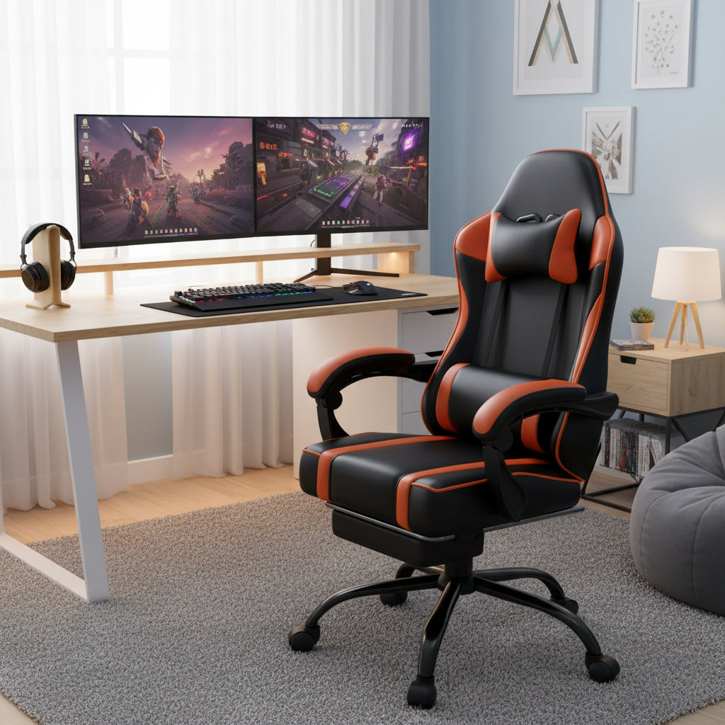 Bellemave Video Game Chairs for Adults PU Leather Gaming Chair with Footrest 360°Swivel Adjustable Lumbar Pillow Comfortable Computer Chair Ergonomic Design