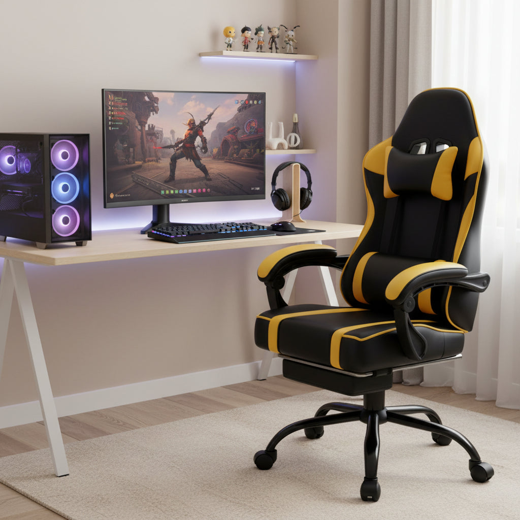 Bellemave Video Game Chairs for Adults PU Leather Gaming Chair with Footrest 360°Swivel Adjustable Lumbar Pillow Comfortable Computer Chair Ergonomic Design