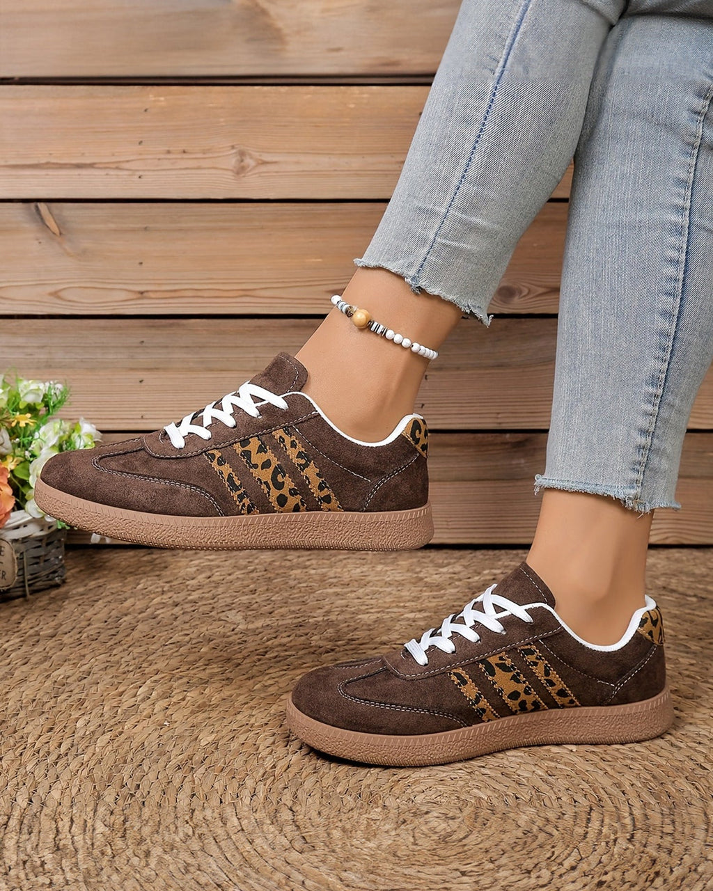 Coffee Contrast Lace-up Leopard Patchwork Detail Shoes