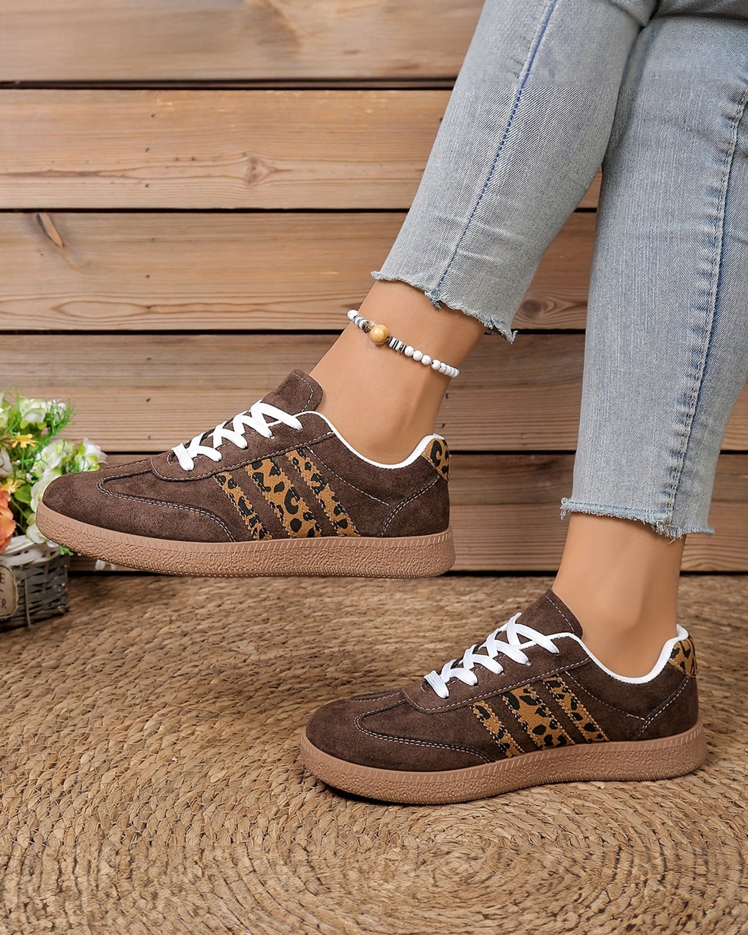 Coffee Contrast Lace-up Leopard Patchwork Detail Shoes