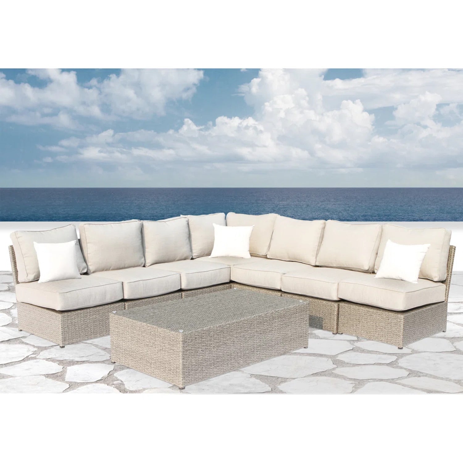 Outdoor Sectional Set HDPE Wicker Gray 8 Piece Seats 6