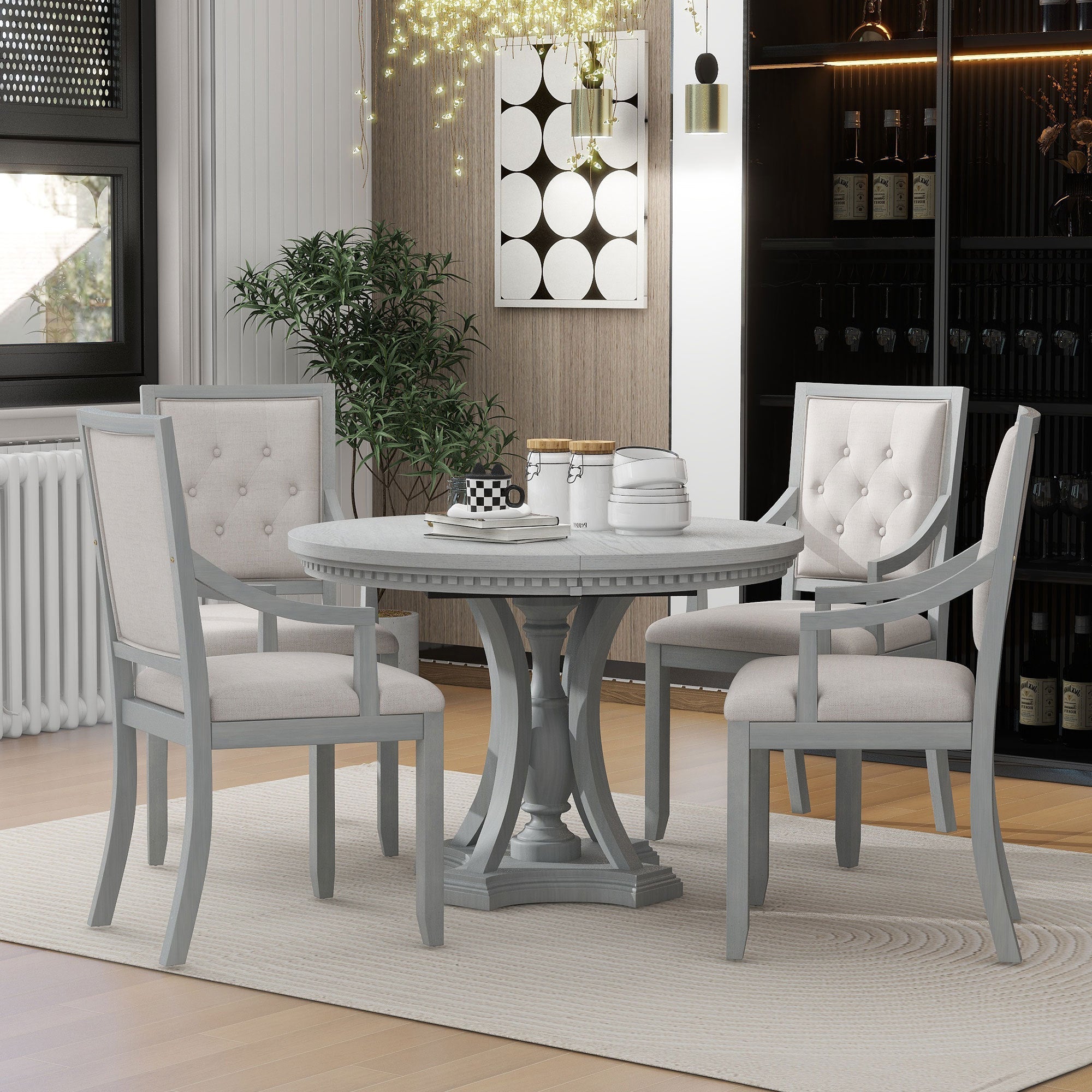 Retro 5-piece Dining Set Extendable Round Table and 4 Chairs for Kitchen Dining