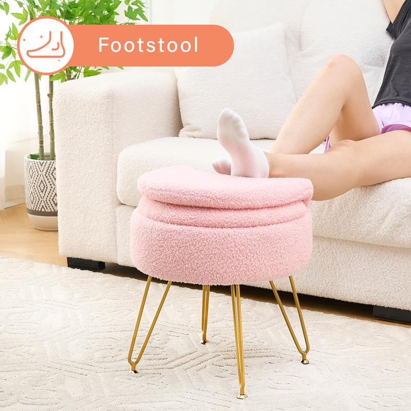 Storage Ottoman Vanity Stool Chair with Folding Back Teddy Velvet Makeup Chair Multifunctional Upholstered Footstool,4 Metal Legs with Anti-Slip Feet for Bedroom Living Room Entryway