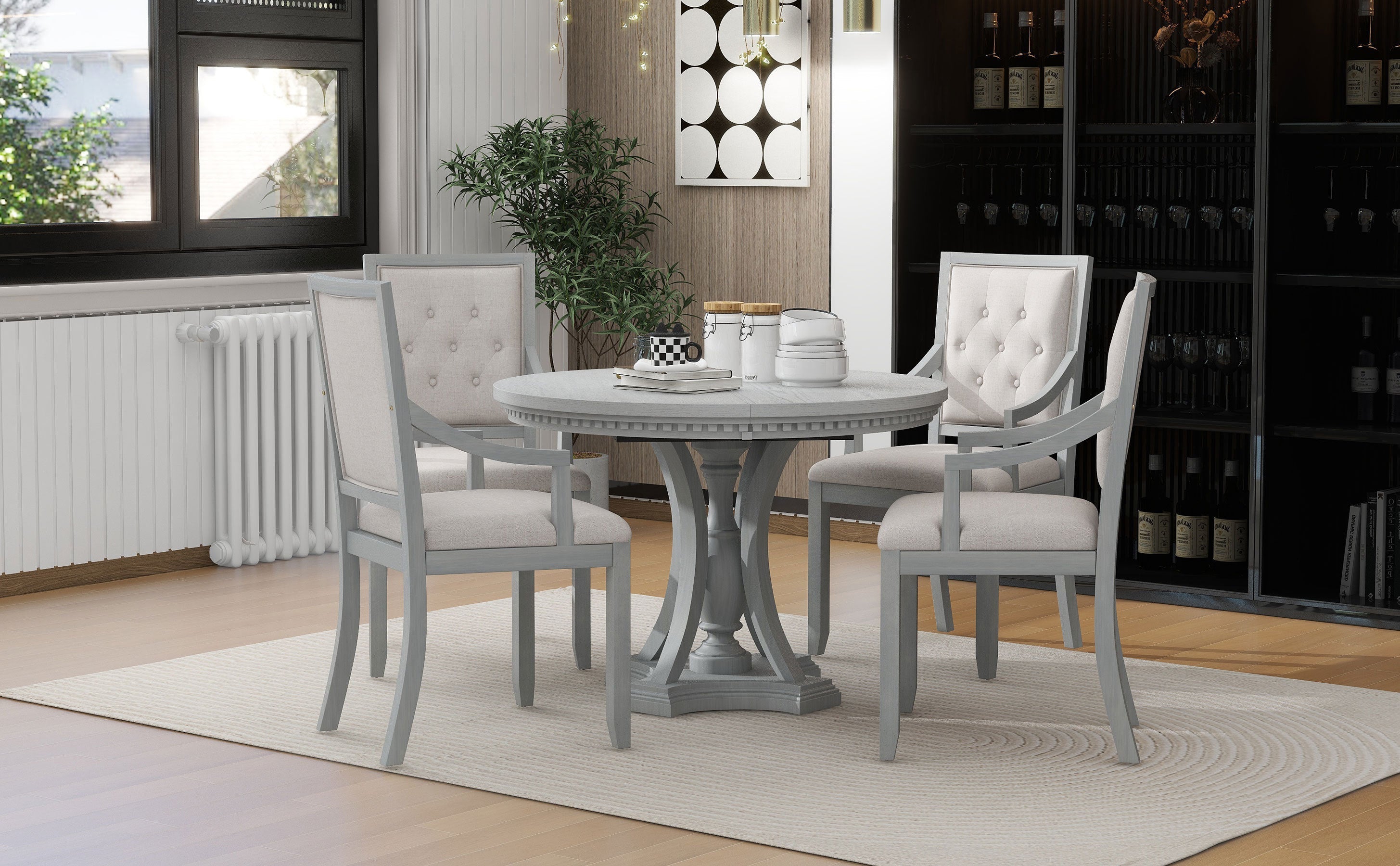 Retro 5-piece Dining Set Extendable Round Table and 4 Chairs for Kitchen Dining