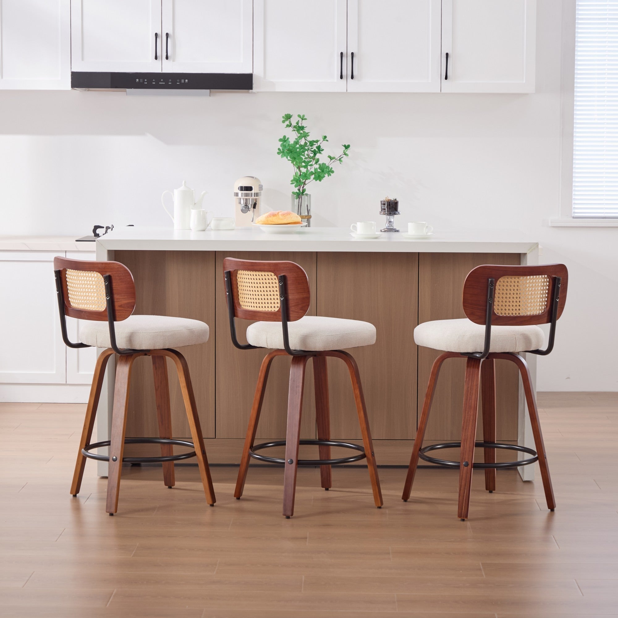 26-Inch Counter Height Bar Stools Set of 3, Walnut Black Cane Rattan Back, Beige