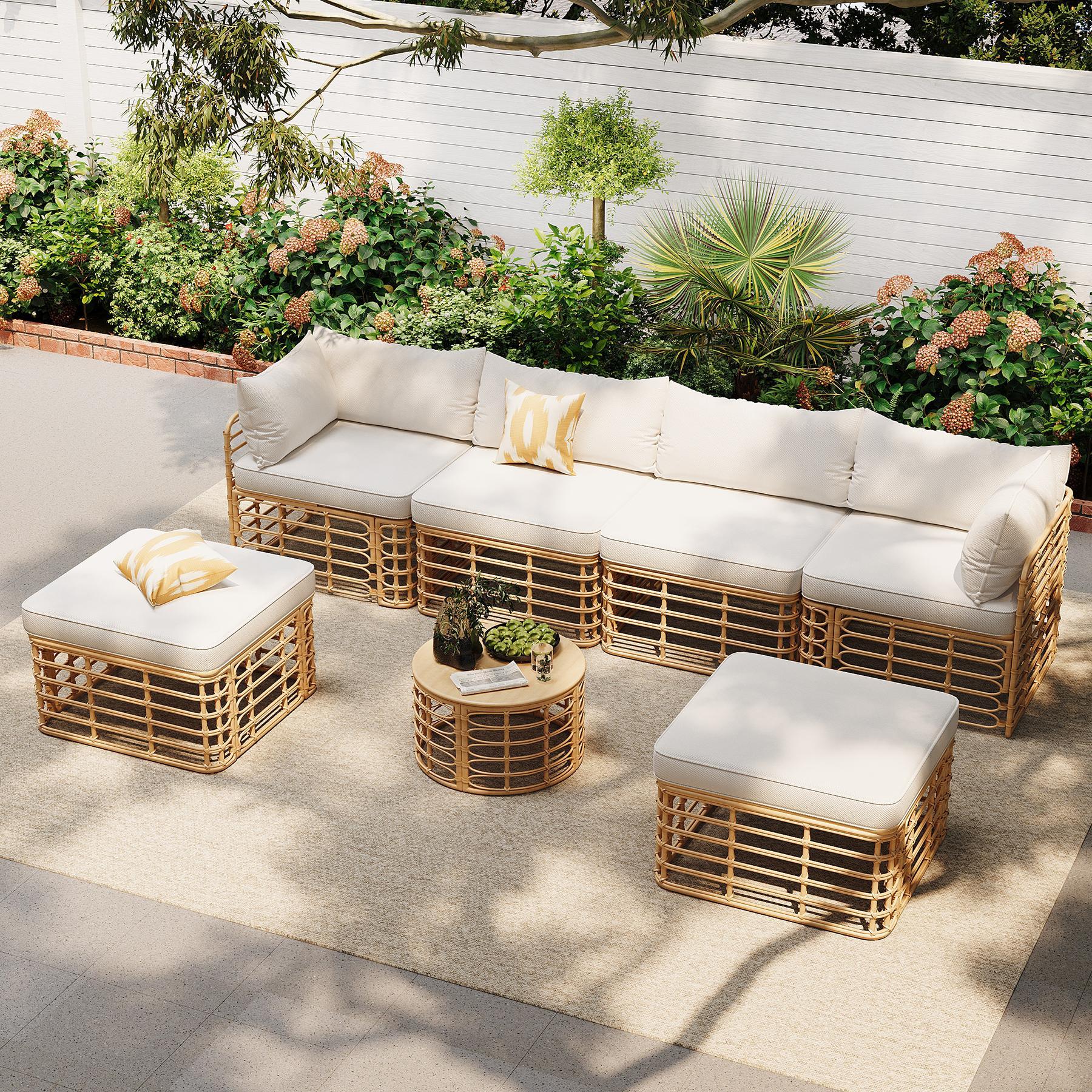 7 Pieces Outdoor Patio Furniture, All-Weather Rattan Sectional Sofa Set with