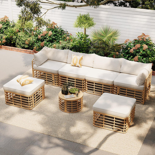 7 Pieces Outdoor Patio Furniture, All-Weather Rattan Sectional Sofa Set with