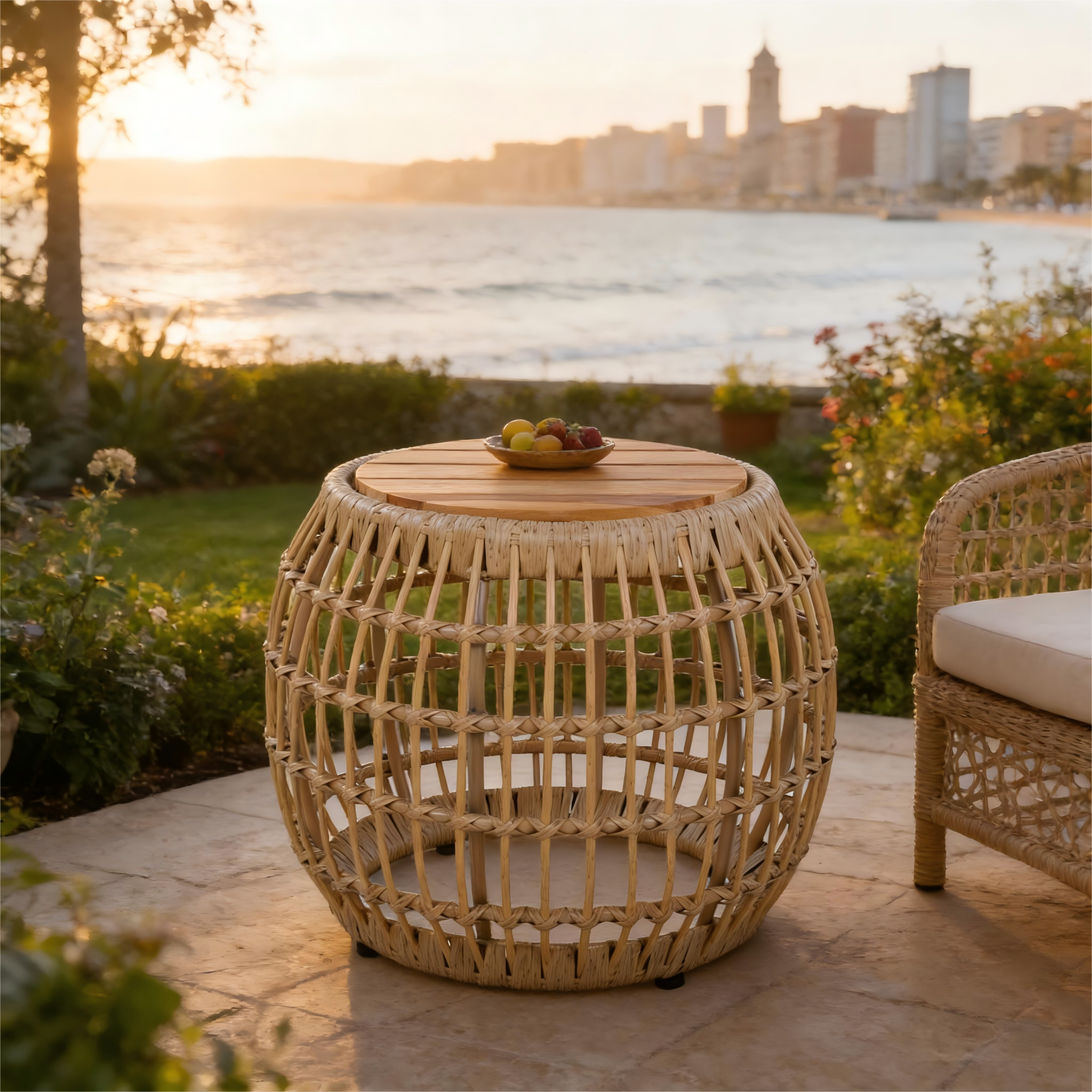 Outdoor Side Table Acacia Wood Wicker Base Round Light Brown 16in 150 LB