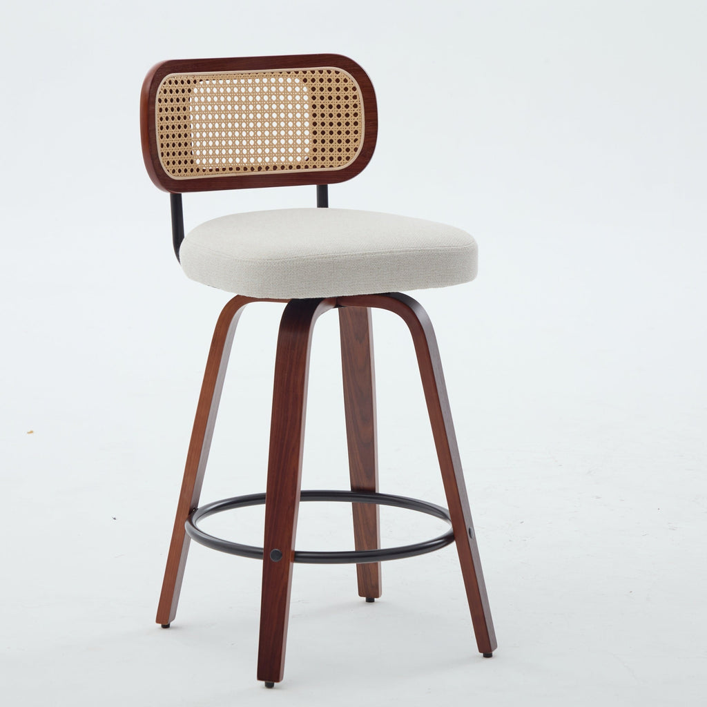 26-Inch Counter Height Bar Stools Set of 3, Walnut Black Cane Rattan Back, Beige