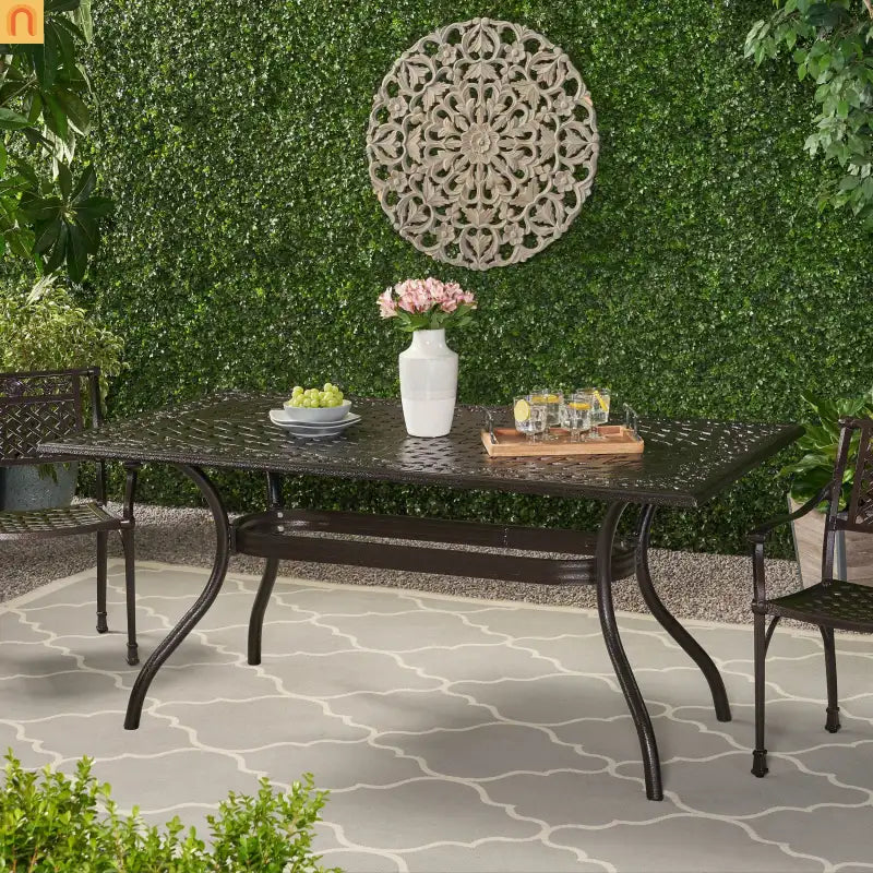 Outdoor Dining Table Cast Aluminum Bronze Floral Lattice 67in