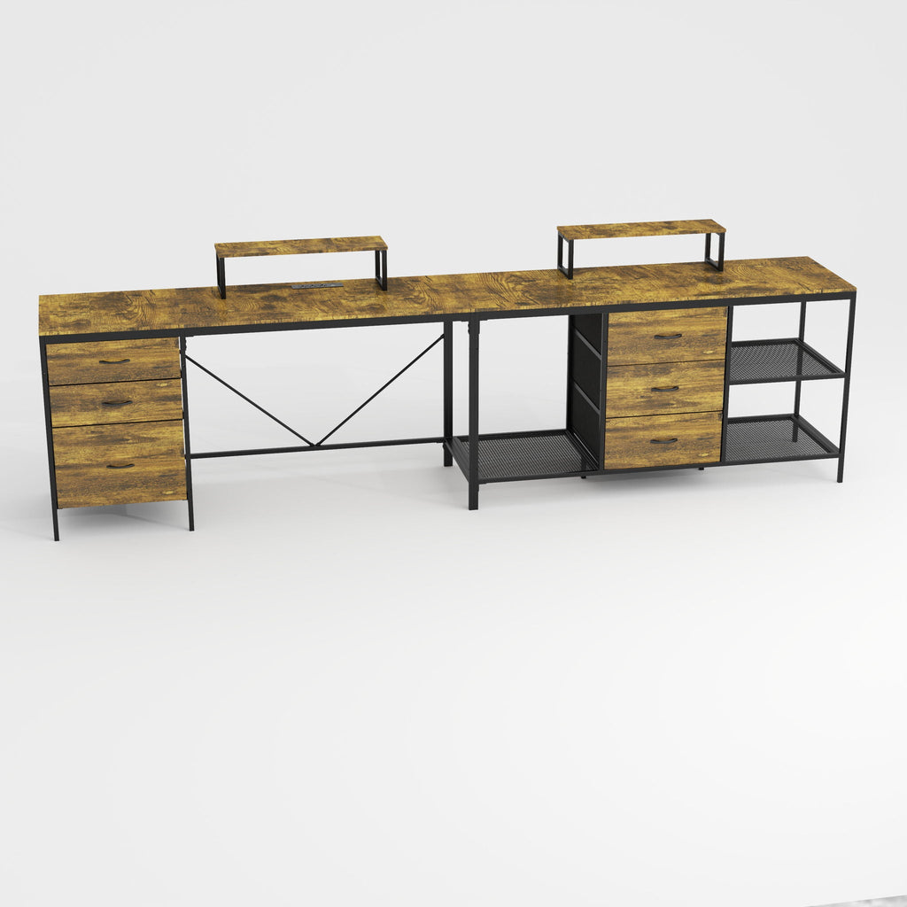 Industrial L Shaped Desk With Power Hub With 6 Drawers And Adjustable Monitor Stands - Brown