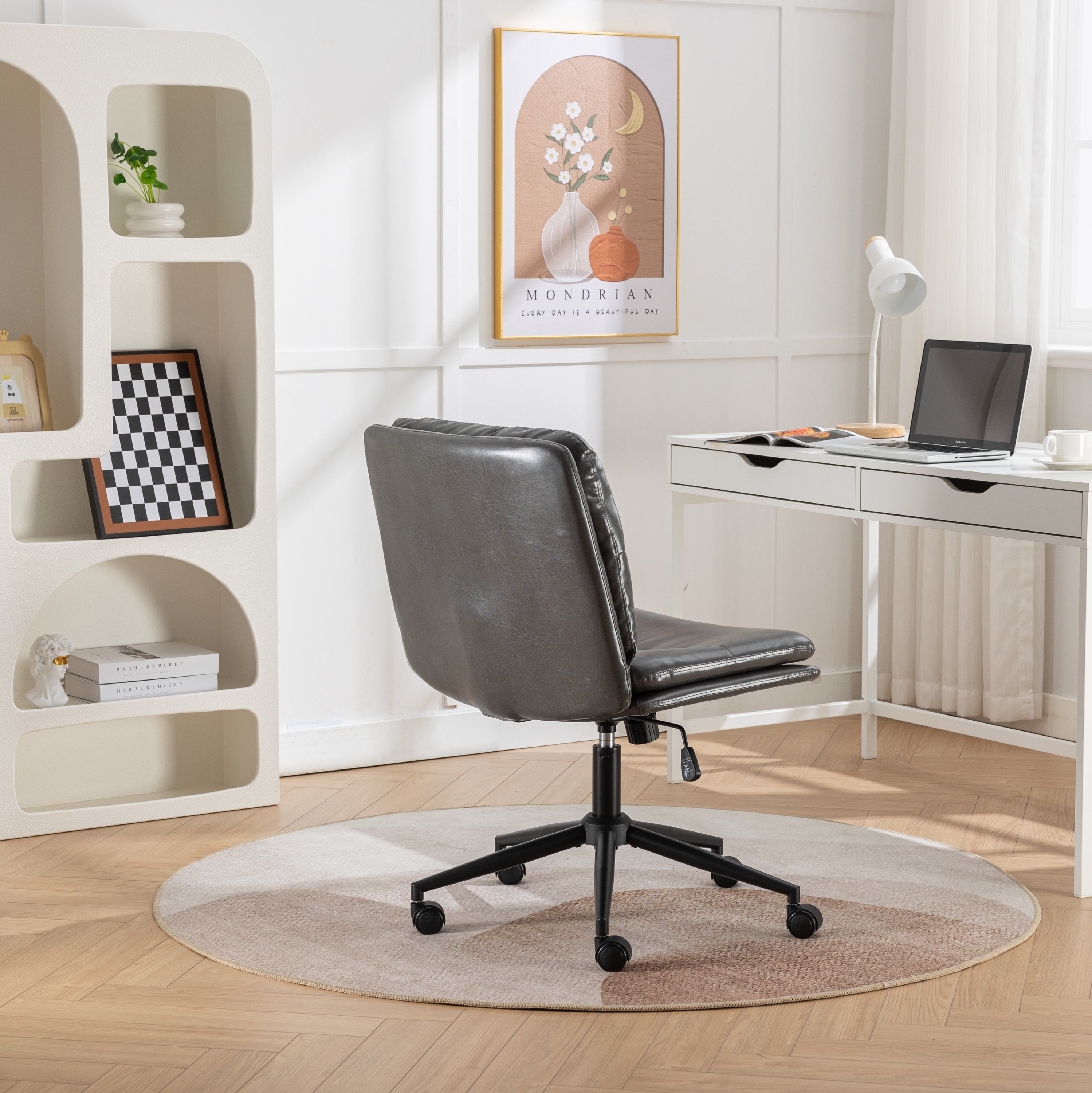 Office Chair Swivel Criss-Cross PU Leather Gray Iron Base Adjustable Height