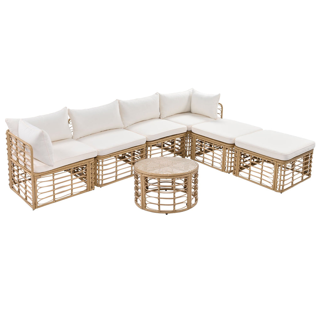 7 Pieces Outdoor Patio Furniture, All-Weather Rattan Sectional Sofa Set with