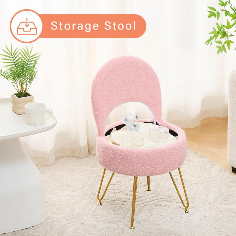 Storage Ottoman Vanity Stool Chair with Folding Back Teddy Velvet Makeup Chair Multifunctional Upholstered Footstool,4 Metal Legs with Anti-Slip Feet for Bedroom Living Room Entryway