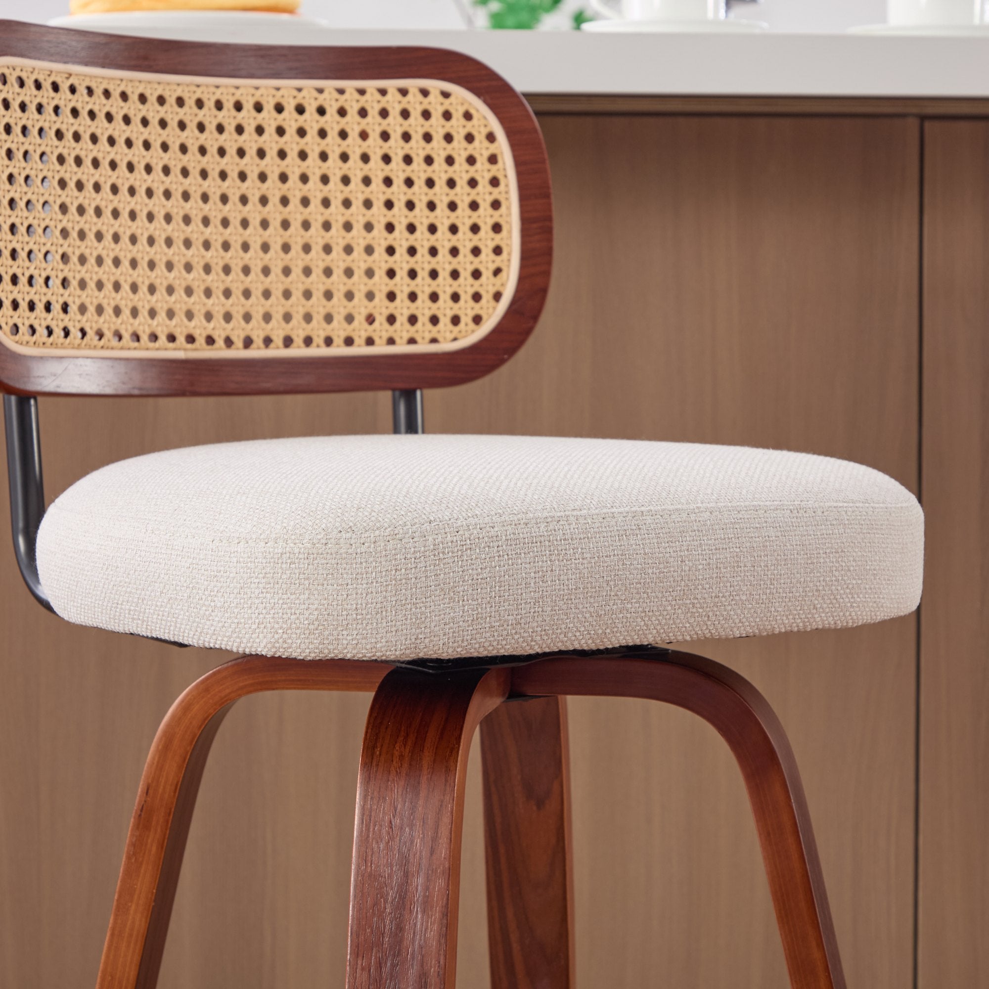 26-Inch Counter Height Bar Stools Set of 3, Walnut Black Cane Rattan Back, Beige