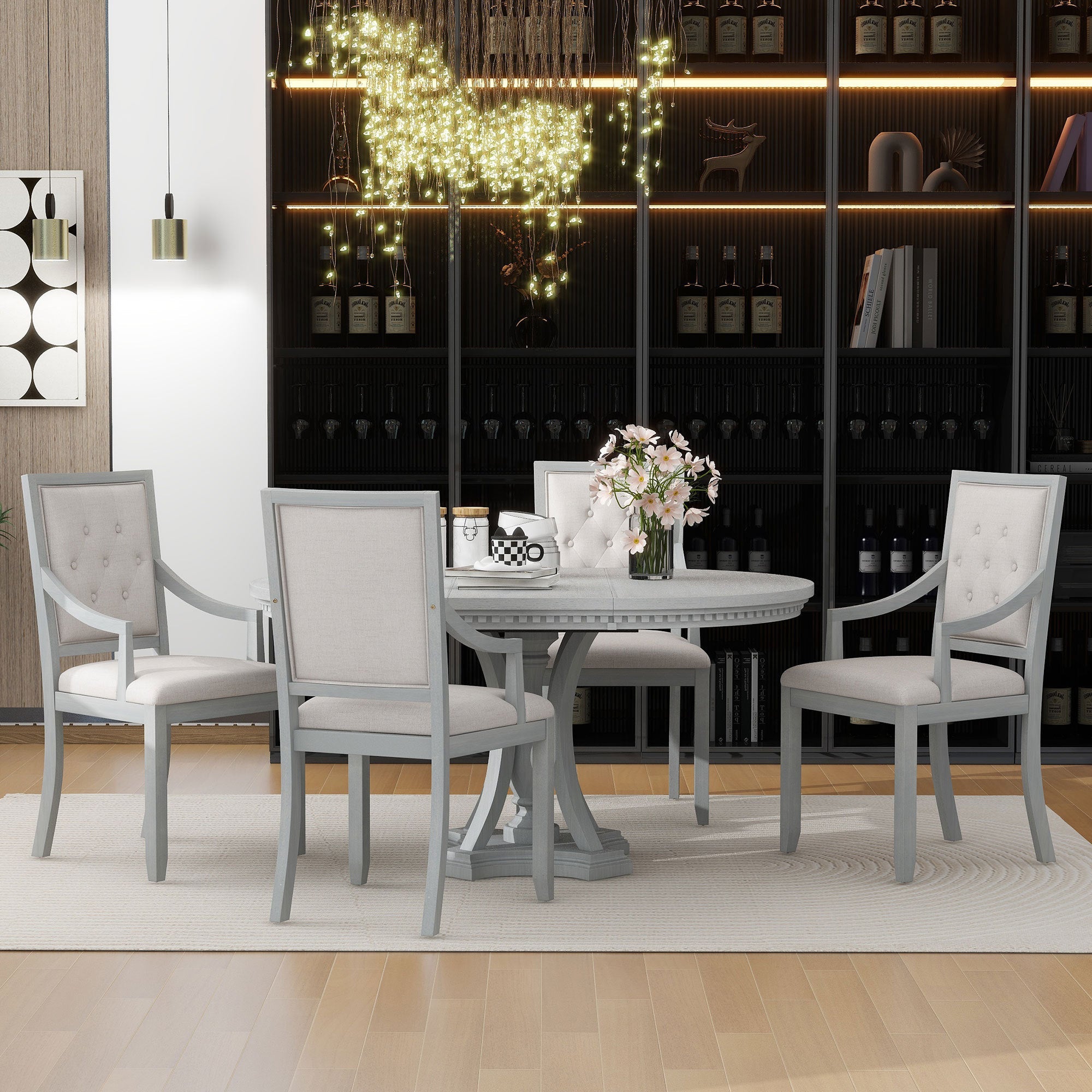 Retro 5-piece Dining Set Extendable Round Table and 4 Chairs for Kitchen Dining