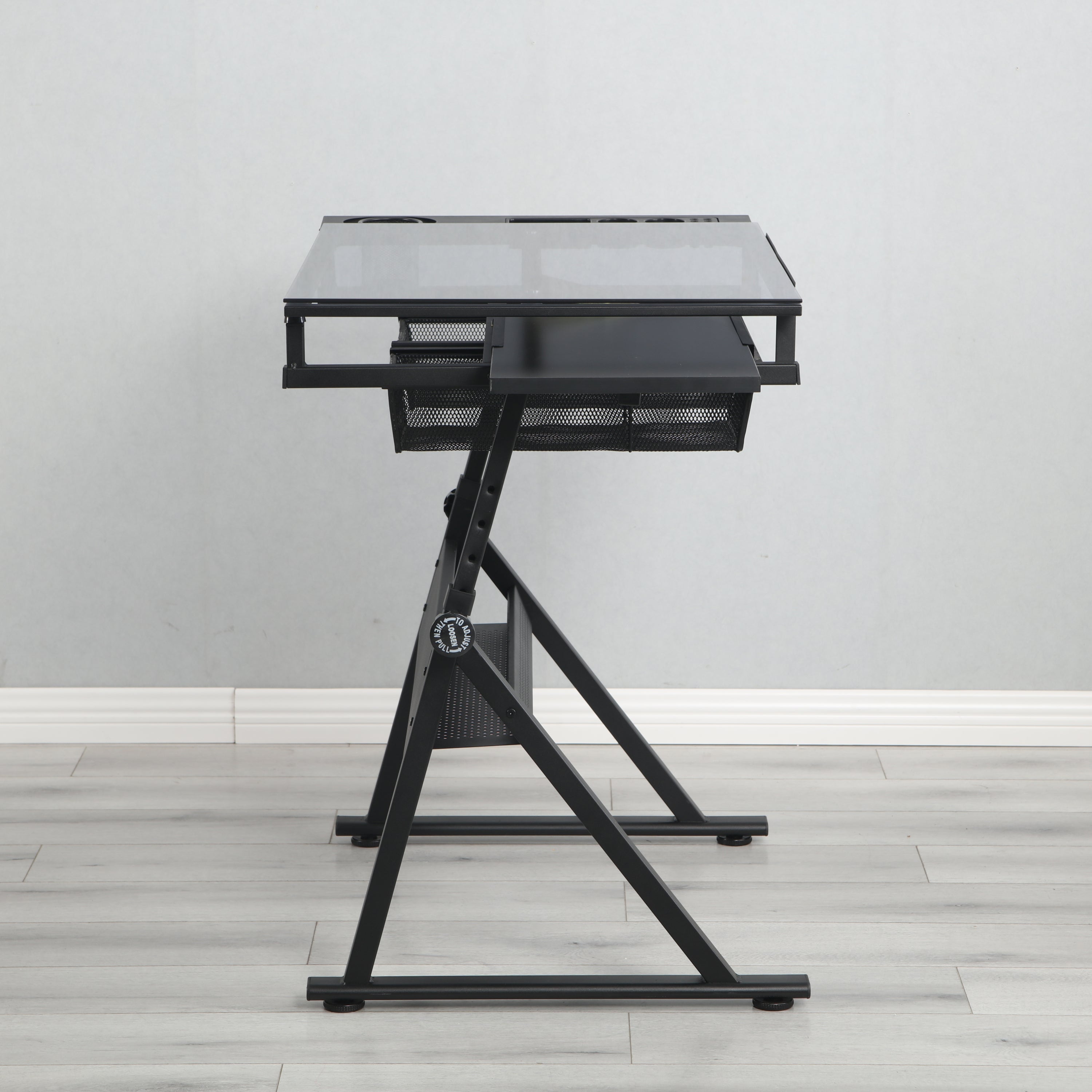 black adjustable tempered glass drafting printing table with chair